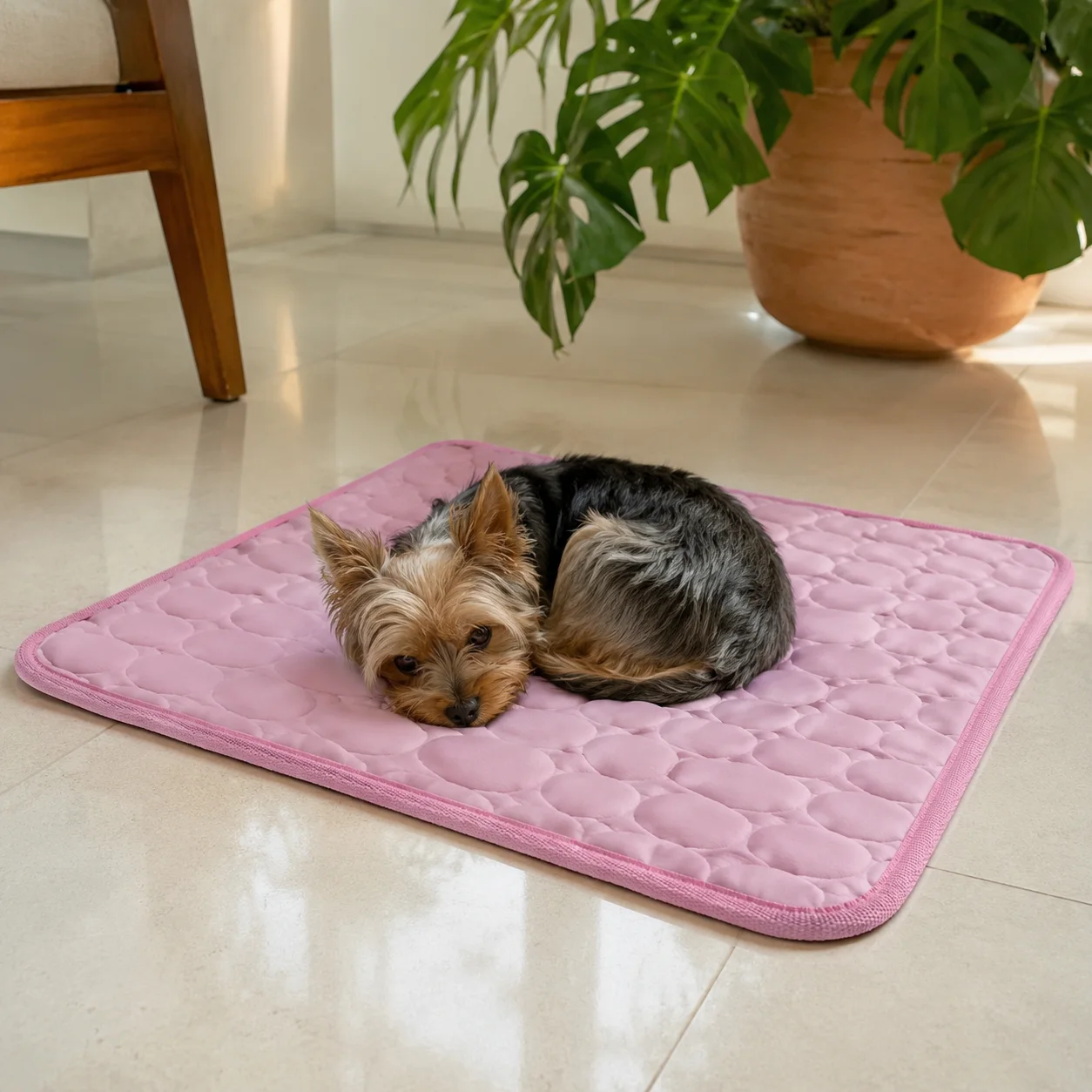 Chihuahua enroscado em um tapete gelado rosa pequeno