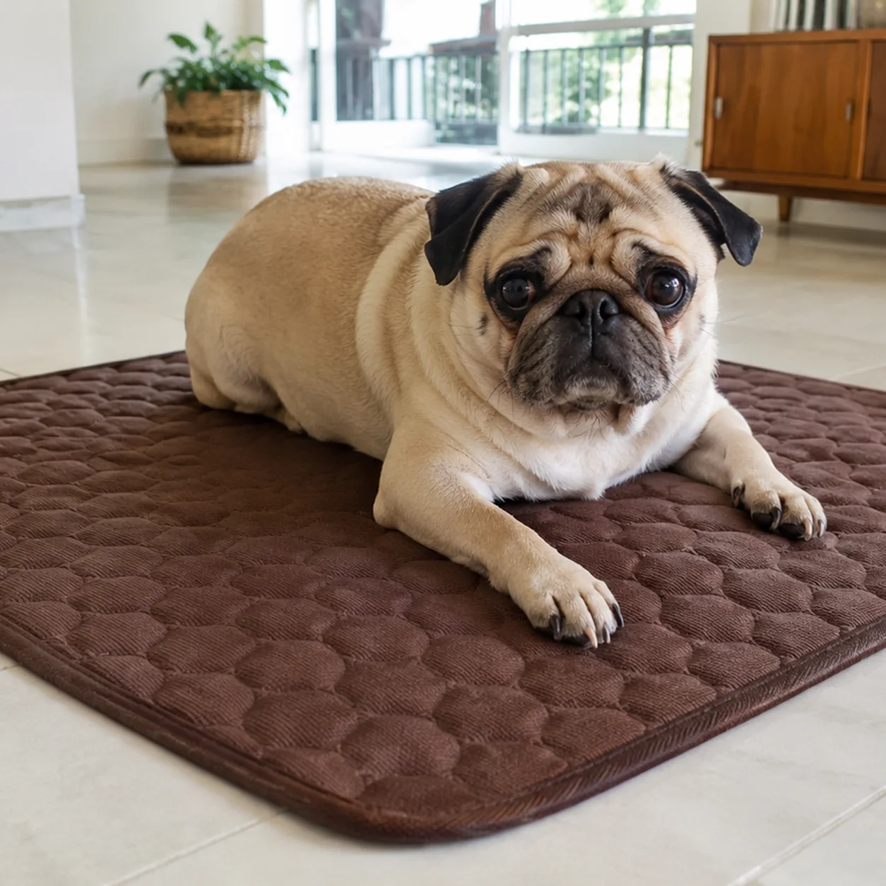 Buldogue francês deitado sobre um tapete gelado Frimouf Ice marrom