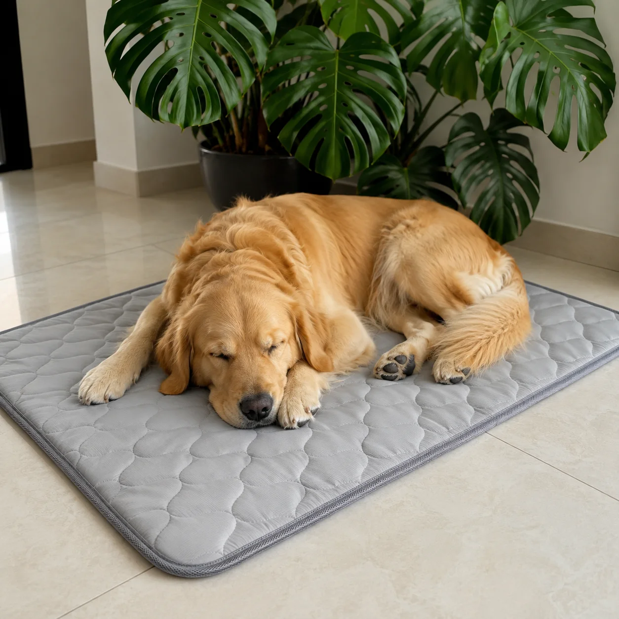 Golden retriever dormindo com a cabeça sobre as patas, em um tapete gelado cinza