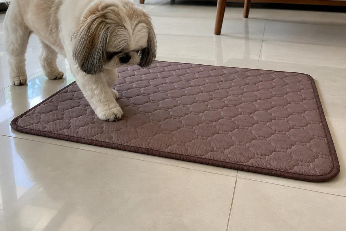 Cachorro de porte pequeno colocando a pata sobre o tapete gelado marrom