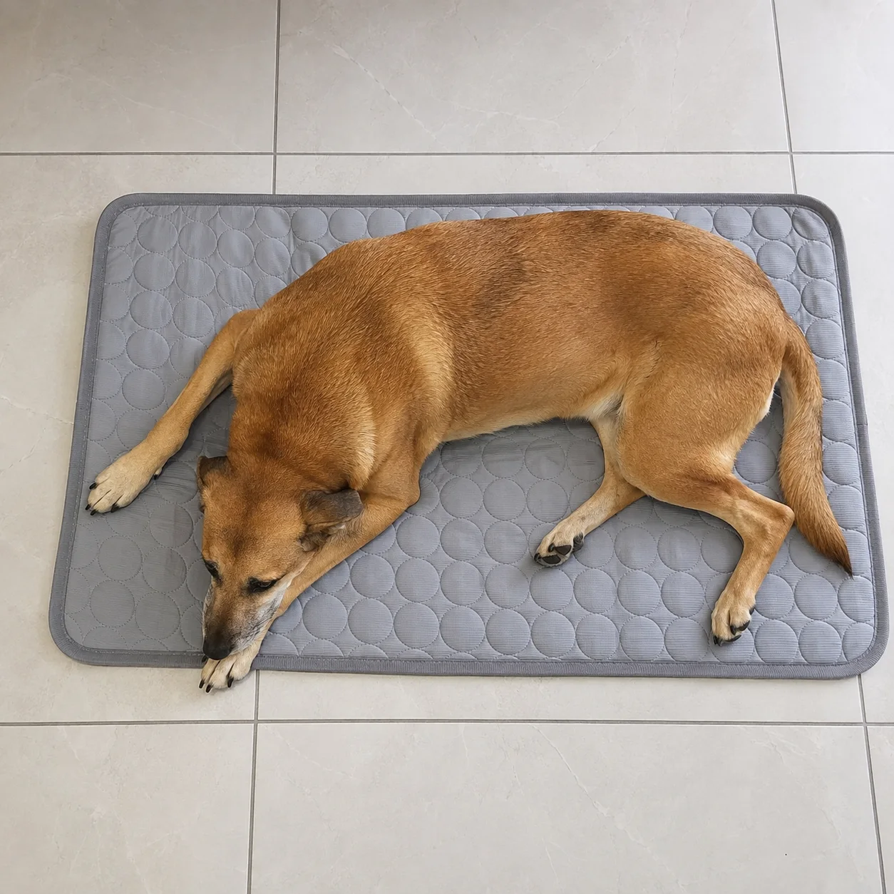 Cachorro visto de cima em um tapete gelado Frimouf cinza, o corpo dele cobre quase toda a superfície