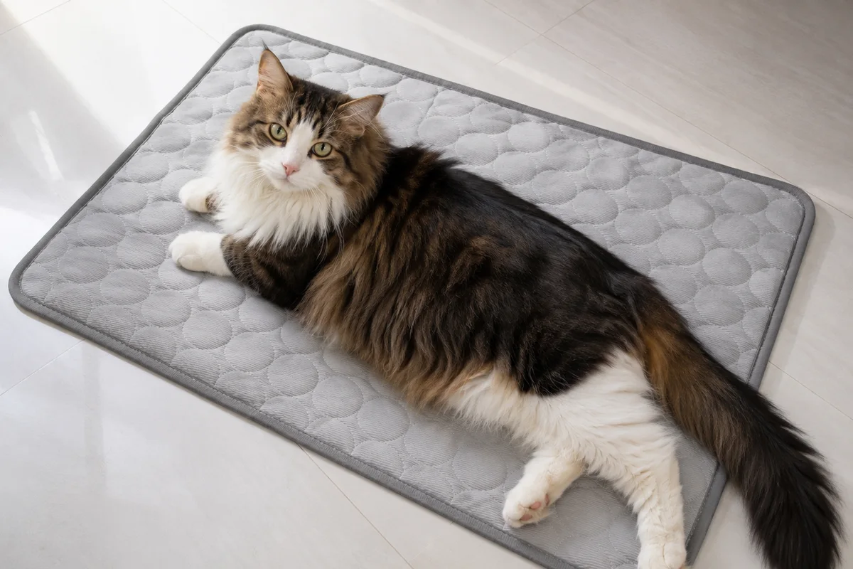 Gato grande em um tapete gelado Frimouf cinza, com a cauda e as patas traseiras para fora da borda