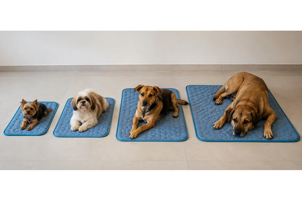 Quatro cachorros de portes diferentes sobre quatro tapetes gelados, com a tabela de tamanhos de P a GG