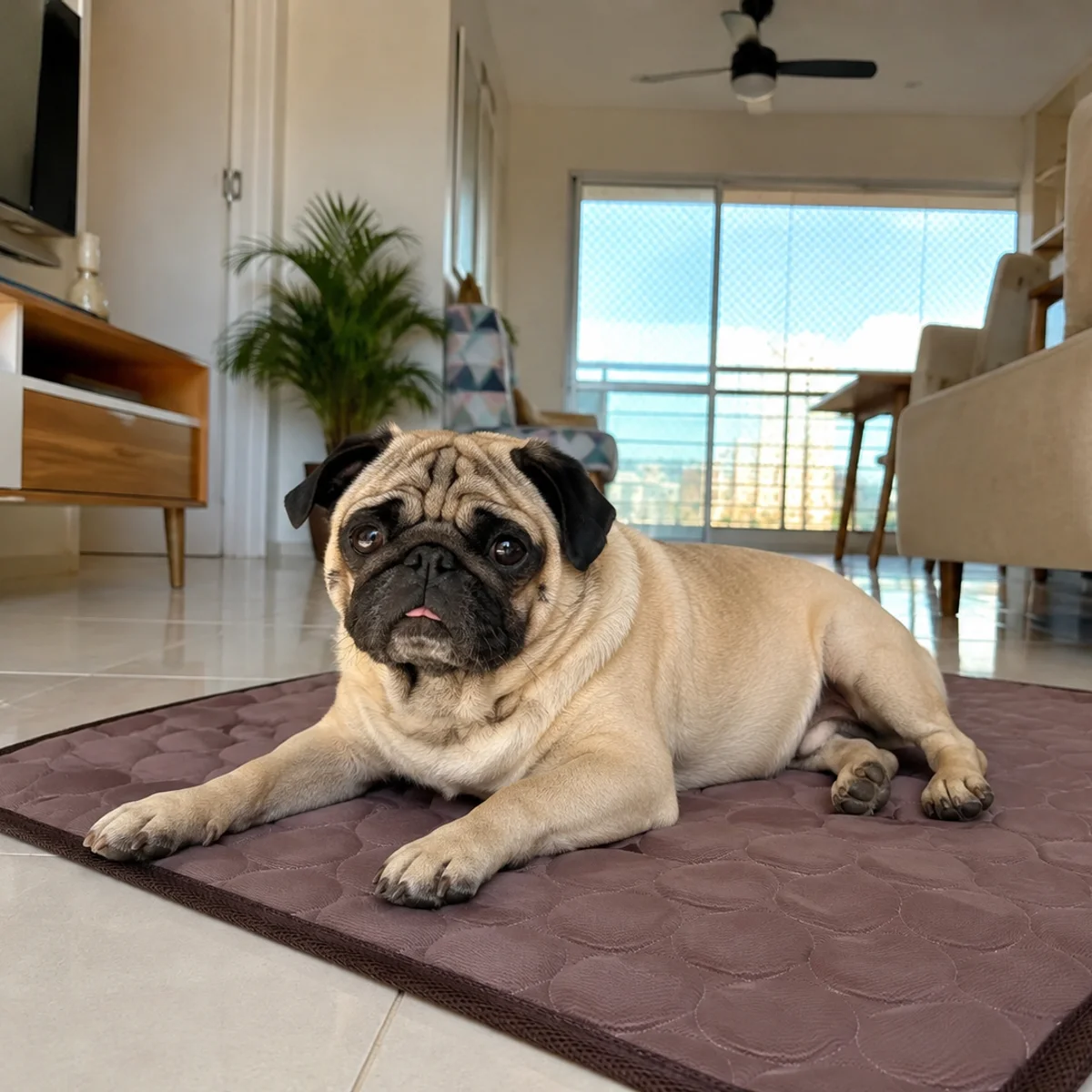 Pug deitado em um tapete gelado Frimouf Ice marrom, na sala