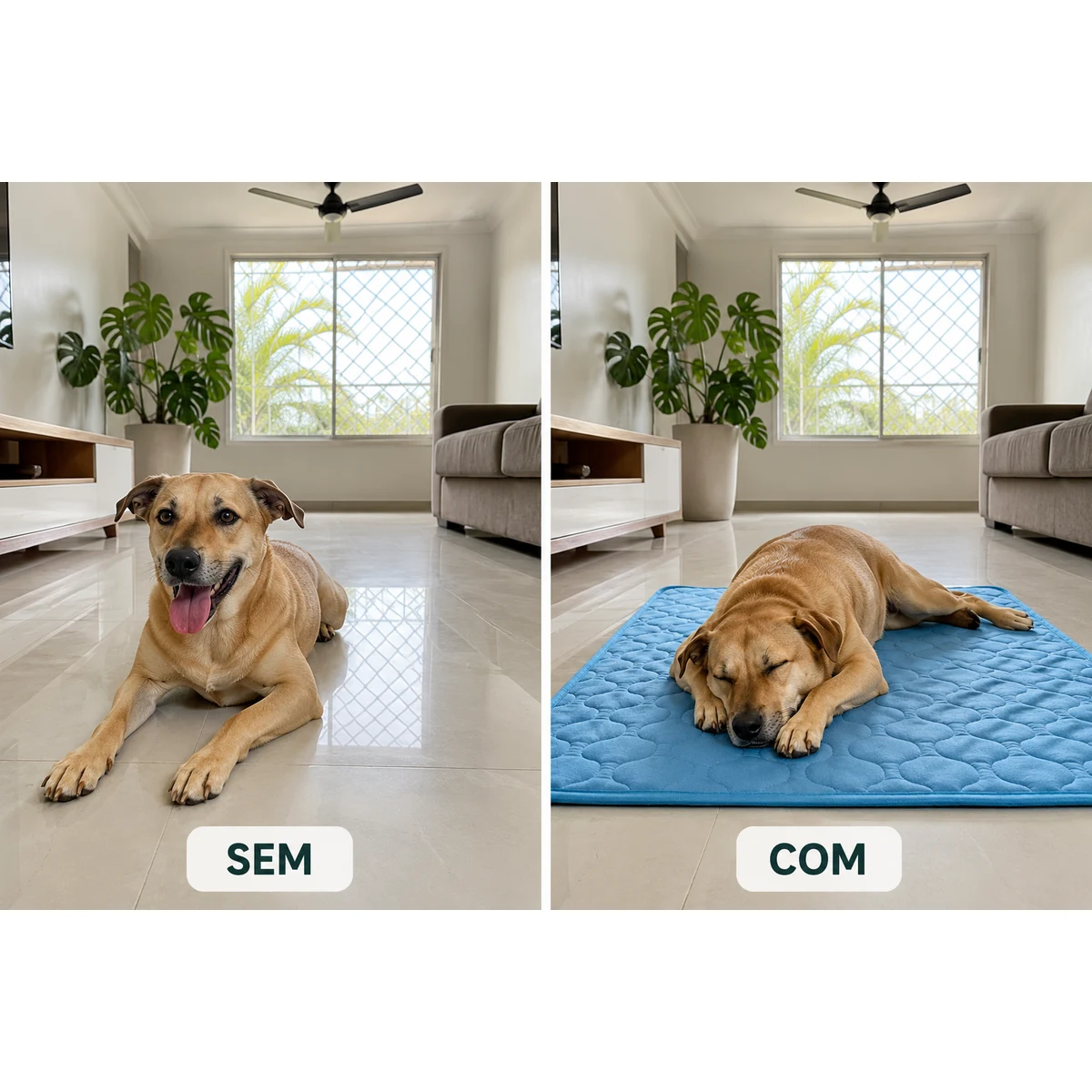 O mesmo cachorro no piso e sobre o tapete Frimouf Ice, no mesmo cômodo